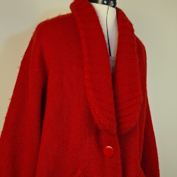 Vintage Red Mohair Sweater Coat / Oversized Shawl Collar Cardigan Jacket - Picture 2 of 6